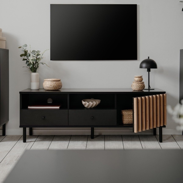 Finori Monza 56A TV-Board, schwarz / Dekor Artisan Oak | TV-Board für Wohnzimmer | Maß: B x H x T ca. 138 x 49 x 40 cm | TV-Board mit 1 Tür, 2 Schubkästen und 2 Fächern Bild 3