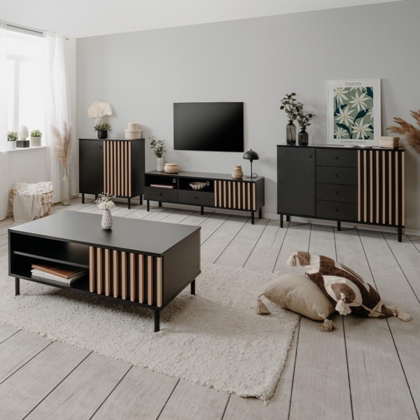 Finori Monza 56A TV-Board, schwarz / Dekor Artisan Oak | TV-Board für Wohnzimmer | Maß: B x H x T ca. 138 x 49 x 40 cm | TV-Board mit 1 Tür, 2 Schubkästen und 2 Fächern Bild 5