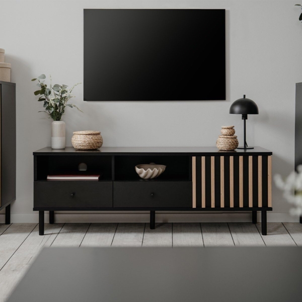 Finori Monza 56A TV-Board, schwarz / Dekor Artisan Oak | TV-Board für Wohnzimmer | Maß: B x H x T ca. 138 x 49 x 40 cm | TV-Board mit 1 Tür, 2 Schubkästen und 2 Fächern Bild 2