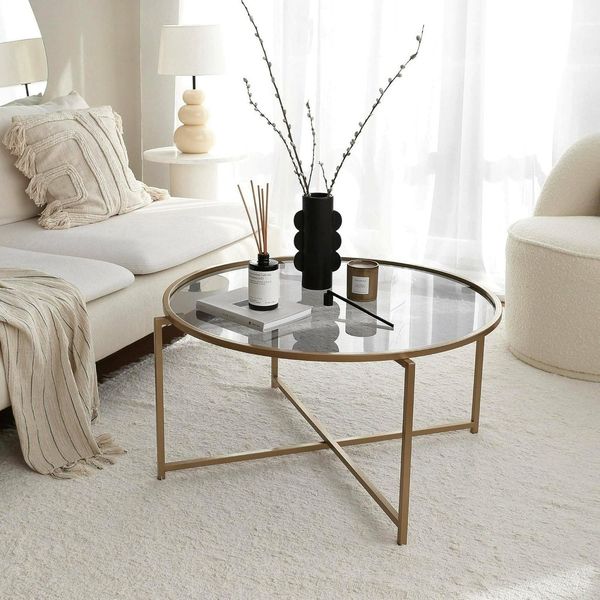 Dmora Couchtisch Cursa 83 x 83 x 40h cm Gold Rauchglas Effekt