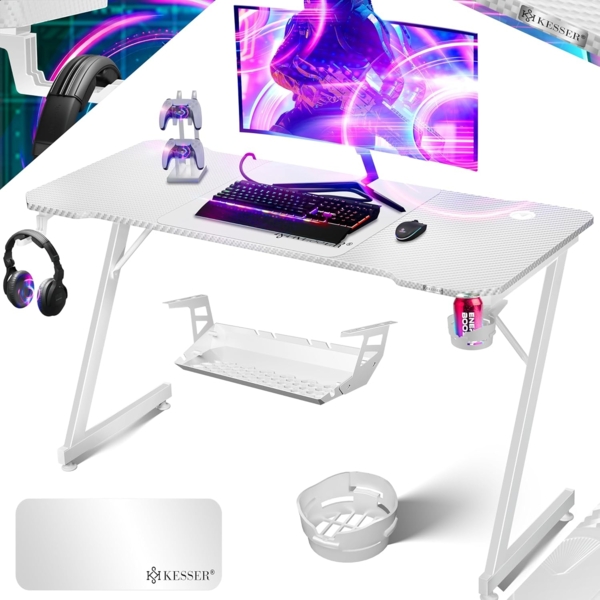 KESSER® Gaming Tisch LED | Z-Form Gamer Schreibtisch | Kopfhörerhaken & Kohlebeschichtung | Ergonomischer PC Computertisch | Stabiler Tisch mit Mauspad & Getränkehalter Weiß Carbon, 140 x 60 cm