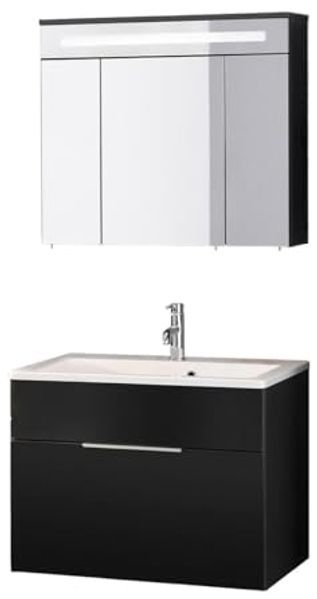 FACKELMANN KARA Waschtisch Set mit Spiegelschrank 80 cm breit, Anthrazit, Waschbecken Gussmarmor Weiß, 1 Schublade