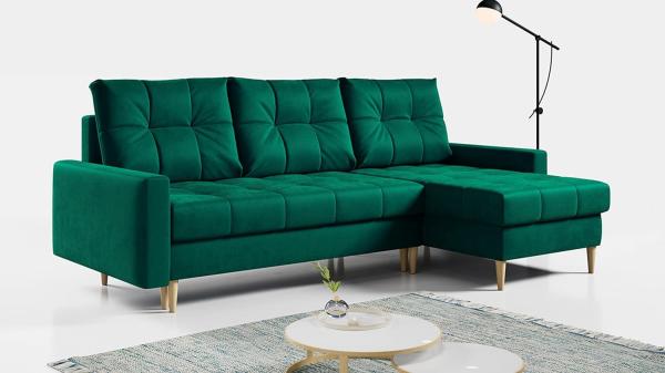 Ecksofa Wohnzimmer - L-form mit Schlaffunktion und Bettkasten - ASTRA - Dunkelgrün Mikrofaser