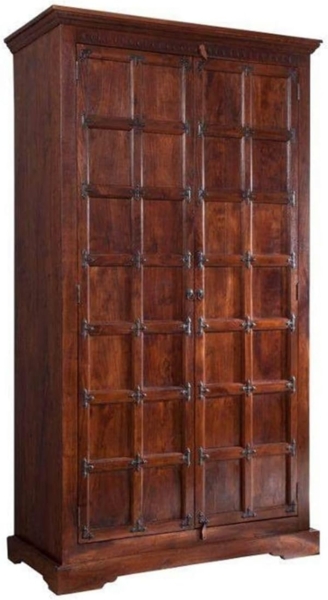 Massivmoebel24 Drehtürenschrank OXFORD (115x60x210 Akazie montiert, Wohnschrank Kleiderschrank aus massiven Akazienholz im Landhausstil mit Verzierungen) hochwertiges Edelholz, authentische Holzadern, aufwendige Schnitzereien und Verzierungen