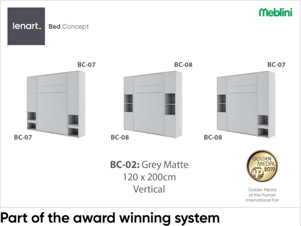 MEBLINI Schrankbett Bed Concept - BC-02 - 120x200cm Vertikal - Grau Matt mit Matratze - Wandbett mit Lattenrost - Klappbett mit Schrank - Wandklappbett - Murphy Bed - Bettschrank Bild 2
