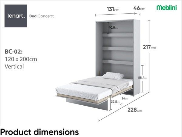 MEBLINI Schrankbett Bed Concept - BC-02 - 120x200cm Vertikal - Grau Matt mit Matratze - Wandbett mit Lattenrost - Klappbett mit Schrank - Wandklappbett - Murphy Bed - Bettschrank Bild 7