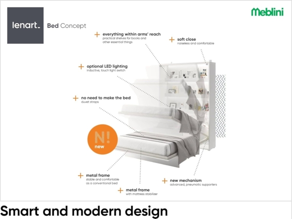 MEBLINI Schrankbett Bed Concept - BC-02 - 120x200cm Vertikal - Grau Matt mit Matratze - Wandbett mit Lattenrost - Klappbett mit Schrank - Wandklappbett - Murphy Bed - Bettschrank Bild 3