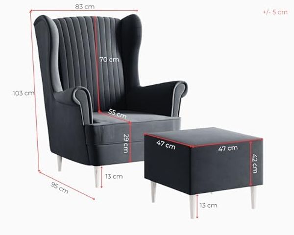 MOEBLO Ohrensessel COMFY SESSEL mit oder ohne Hocker (Polstersessel aus Samtstoff Wohnzimmersessel mit/ohne Hocker Ohrenbacksessel), Sessel mit optionalem Hocker Bild 3