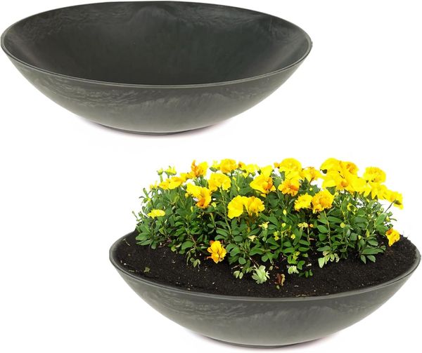 matches21 HOME & HOBBY Blumentopf Flache Pflanzschalen für draussen Dekoschalen rund schwarz 35 cm (2 St), Blumen-Schale als wetterfeste Friedhof-Schale Grab-Schmuck Grabschale