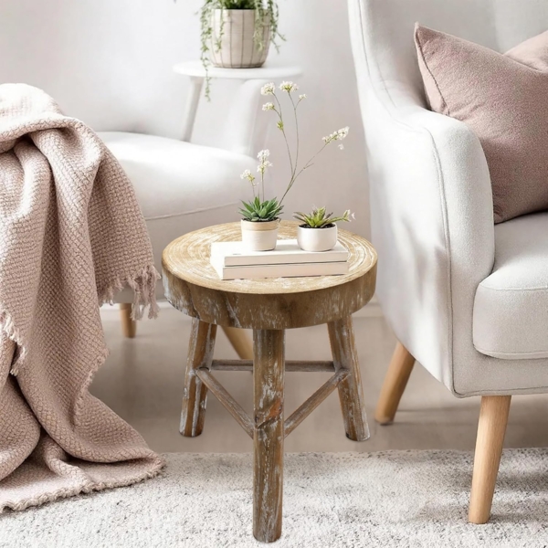 Spetebo Blumenhocker Holz mit 3 Beinen white washed - Ø 35 cm (Stück, 1 St, 1), Massivholz Bild 7