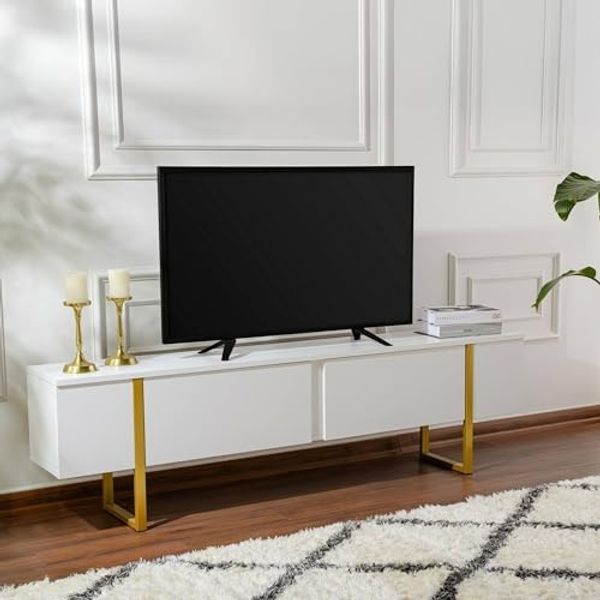 Dmora TV-Schrank Gussola 180 x 29,5 x 50 cm Weiß, 1 Regal, 2 Fächer