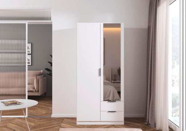 Rauch Möbel Lagoa, Kleiderschrank, Garderobe für Schlafzimmer, Kinderzimmer, Jugendzimmer 2-türig mit Spiegel, 2 Schubladen, mit Zubehör Classic, Farbe Weiß, Breite 91 Bild 2