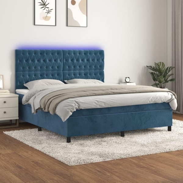 vidaXL Boxspringbett mit Matratze & LED Dunkelblau 180x200 cm Samt 3136321