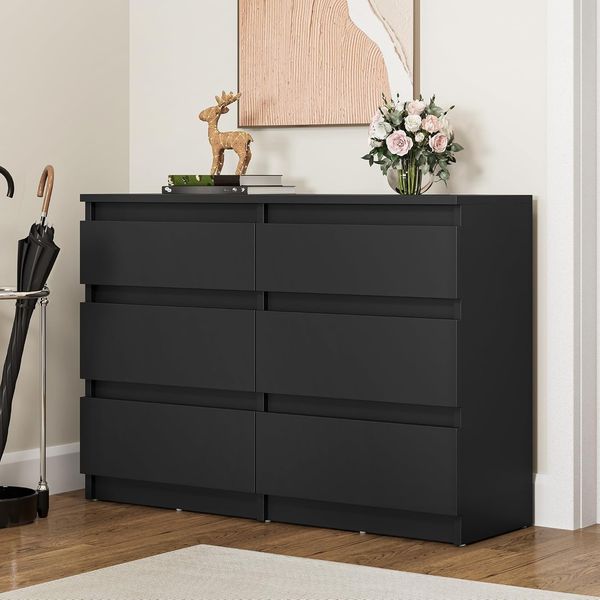 YITAHOME Kommode Schlafzimmer, Schlafzimmermöbel, Kommode aus Holz, 6 Schubladen mit Laufschienen, Schlafzimmeraufbewahrung, moderner Schlafzimmerschrank, Nachttisch, 100 x 30 x 70 cm (Schwarz)