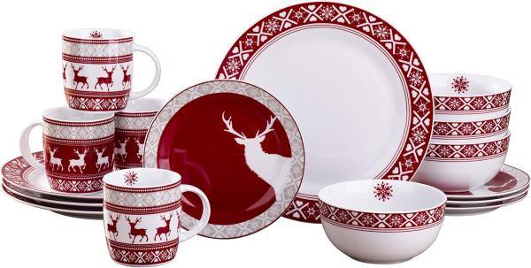 Waterside 000005740 Kombiservice Nordic Reindeer für 4 Personen, Porzellan, rund, rot/weiß (1 Set, 16-teilig)