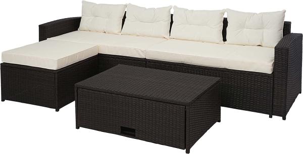 Poly-Rattan Garnitur HWC-J34, Balkon-/Garten-/Lounge-Set Sitzgruppe Sofa, Staufach ~ braun, Kissen creme-beige