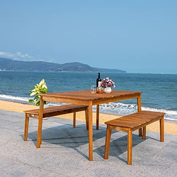 SAFAVIEH Hölzernes Esszimmergarnitur für draußen mit 5er Set, Terrassentisch und Stühle, Natürlich