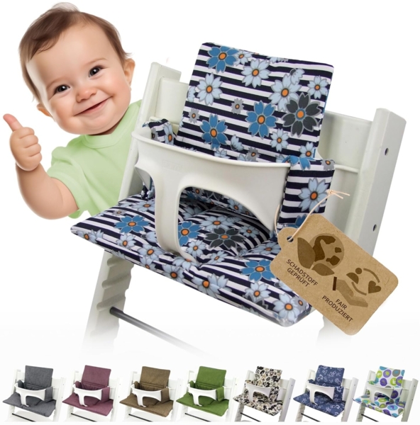BAMBINIWELT Sitzkissen, kompatibel mit Stokke 'Tripp Trapp' Hochstuhl, Blau (Blumen/Streifen)