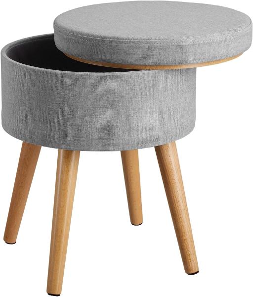 tectake 800836 Sitzhocker mit Stauraum in Leinenoptik, bis 300 kg belastbar, rund, Deckel abnehmbar, gepolsterter Hocker, Beine aus Buche mit Filzgleitern (Hellgrau | Nr. 403971)