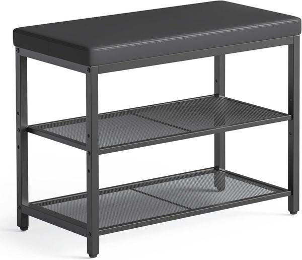 Mondeer Schuhbank mit Gepolsterter Sitzfläche, Schuhregal mit 2 Gitterablagen Höhenverstellbar Platzsparend Industriestil, für Eingang Flur Schlafzimmer, 60 x 30 x 50 cm, Schwarz