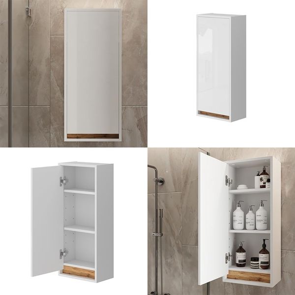Badschrank Detmold Weiß Hochglanz/Goldkraft Eiche 81.6 x 35 cm mit Tür Vicco Bild 8