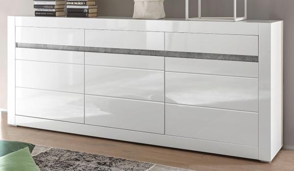 Sideboard Nobile in Hochglanz weiß / Stone Design grau 217 x 90 cm