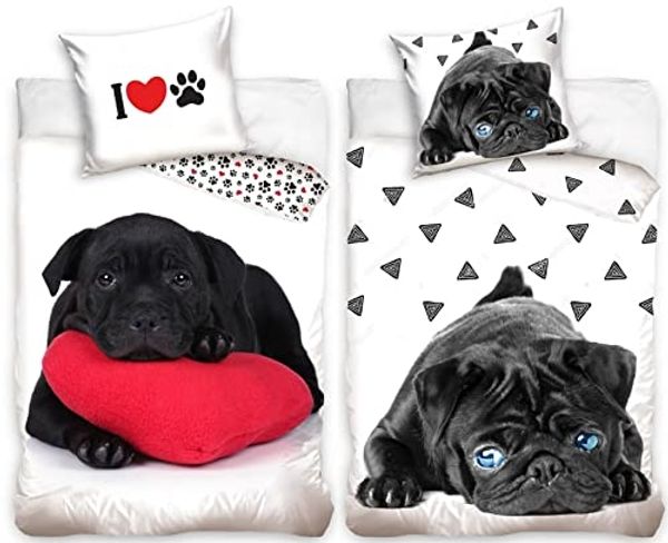 Carbotex Bettwäsche 2 x Hunde-Bettwäsche-Set mit Wende-motiv, 135x200 & 80x80, Baumwolle, 100% Baumwolle