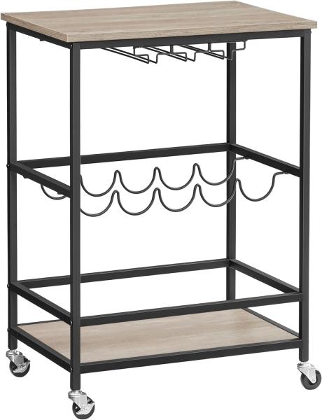 Vasagle Servierwagen, Barwagen, Weinregal auf Rollen, Küchenwagen, Weinglashalter, Flaschenhalter, 40 x 60 x 82 cm, Industrie-Design, greige meliert-schwarz