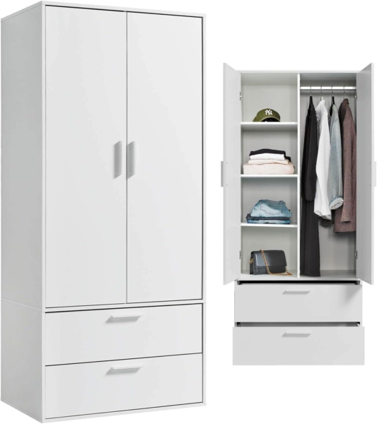 mokebo Kleiderschrank Der Kleiderheld (80x180x51 cm, 2-türig, 2 Schubladen & 4 Fächer) Garderobenschrank, Schlafzimmerschrank oder Schrank in Weiß