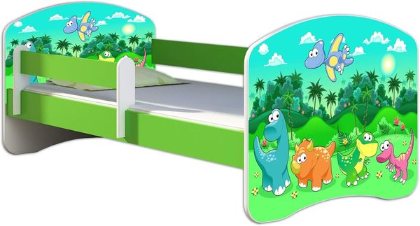 ACMA Kinderbett Jugendbett mit Einer Schublade und Matratze Grün mit Rausfallschutz Lattenrost II 140x70 160x80 180x80 (30 Dino, 160x80)