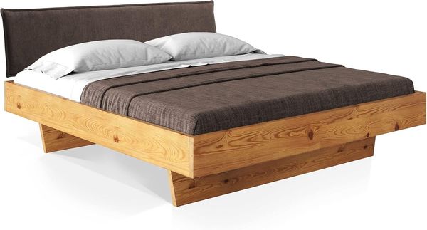 Möbel-Eins CURBY Wangenbett mit Polster-Kopfteil, Material Massivholz, rustikale Altholzoptik, Fichte gebürstet Natur 180x200 cm Stoff Braun ohne Steppung
