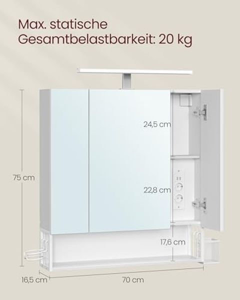 Vasagle Spiegelschrank mit Steckdosen und Haartrockner-Halter, MDF, 16,5 x 70 x 75 cm, Wolkenweiß Bild 3
