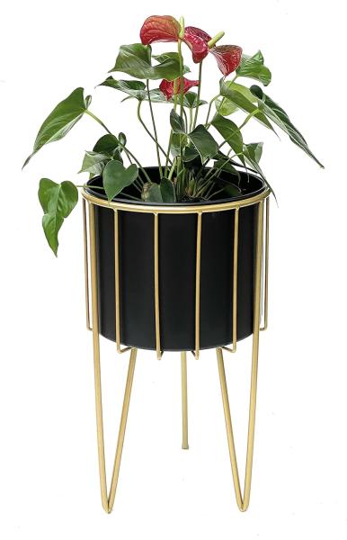 DanDiBo Blumenhocker mit Topf Metall Gold Schwarz Rund L 45 cm Blumenständer 96039 Blumensäule Modern Pflanzenständer Pflanzenhocker