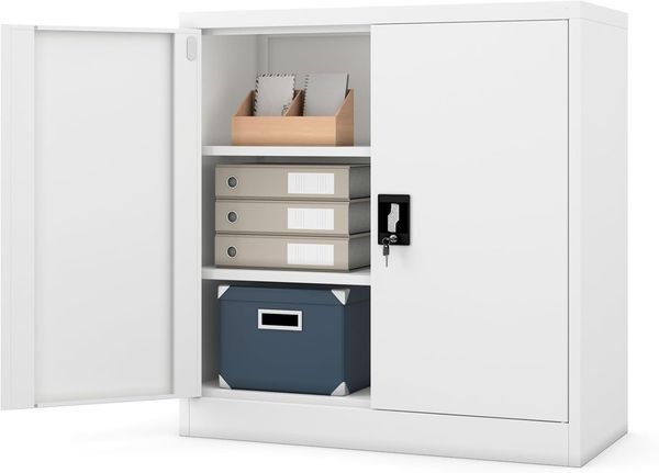 Kleiner Aktenschrank C001B Büroschrank mit Flügeltüren Metallschrank Lagerschrank Pulverbeschichtet Stahlblech Abschließbar 92,5 x 90 x 40 cm (H x B x T) (weiß/weiß)