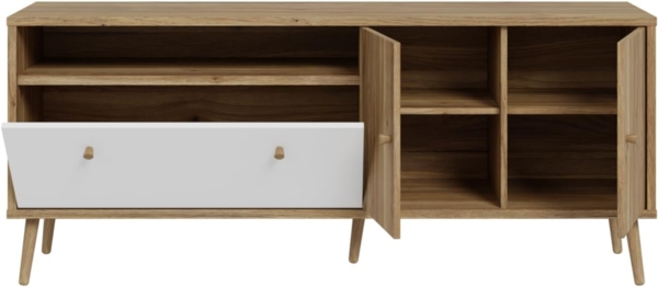 Forte Harllson, einfache Montage Dank EasyKlix TV Schrank, Holzdekor: Mauvella Eiche mit Weiß, TV Tisch mit 2 Türen, Mid Century Stil, 160 cm breit x 67 cm hoch x 41 cm tief Bild 4