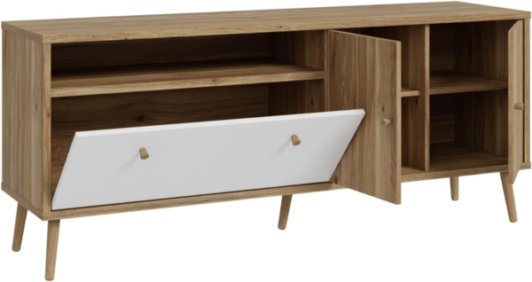 Forte Harllson, einfache Montage Dank EasyKlix TV Schrank, Holzdekor: Mauvella Eiche mit Weiß, TV Tisch mit 2 Türen, Mid Century Stil, 160 cm breit x 67 cm hoch x 41 cm tief Bild 5