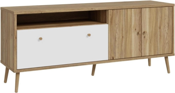 Forte Harllson, einfache Montage Dank EasyKlix TV Schrank, Holzdekor: Mauvella Eiche mit Weiß, TV Tisch mit 2 Türen, Mid Century Stil, 160 cm breit x 67 cm hoch x 41 cm tief Bild 3