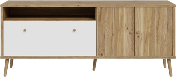 Forte Harllson, einfache Montage Dank EasyKlix TV Schrank, Holzdekor: Mauvella Eiche mit Weiß, TV Tisch mit 2 Türen, Mid Century Stil, 160 cm breit x 67 cm hoch x 41 cm tief Bild 2