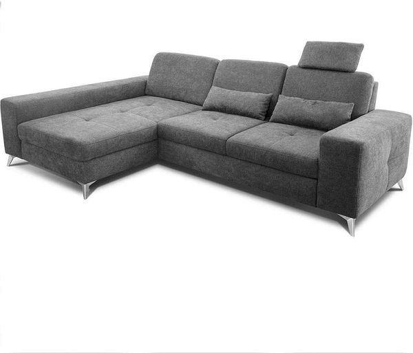 CAVADORE Ecksofa Bali / Trendige Sofaecke mit Longchair links & Federkern / Inkl. Sitztiefenverstellung, Kopfstütze & Nierenkissen / 286 x 92 x 176 / Flachgewebe: Grau