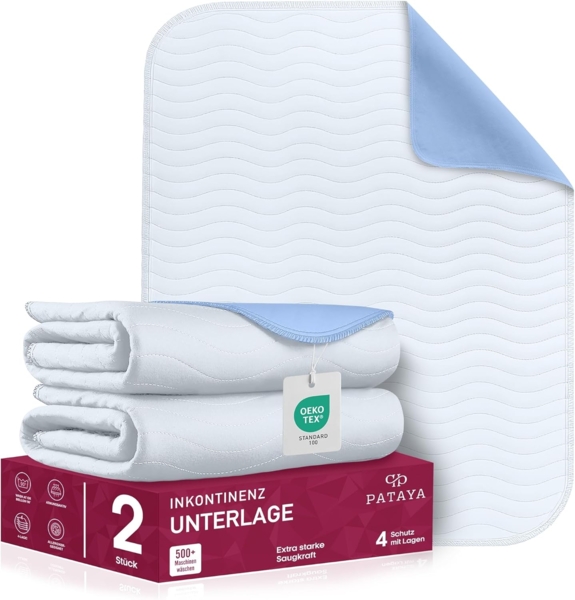 Pataya Inkontinenzunterlage waschbar - 2er -75x90 - wasserdichte Matratzenschutz Matratzenauflage nässeschutz Bett Inkontinenzauflage Bettunterlage (75x90 cm 2er)