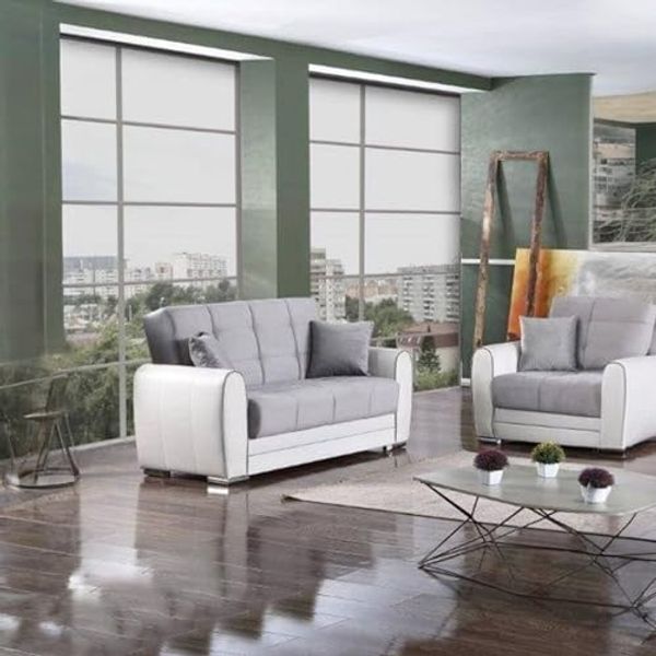 Dmora - Schlafsofa Pablito, Eck-Container-Schlafsofa aus Kunstleder und Stoff, Wohnzimmersofa mit klick-Klack-Öffnung und umkehrbarer Halbinsel, cm 163x84h91, Weiß und Grau