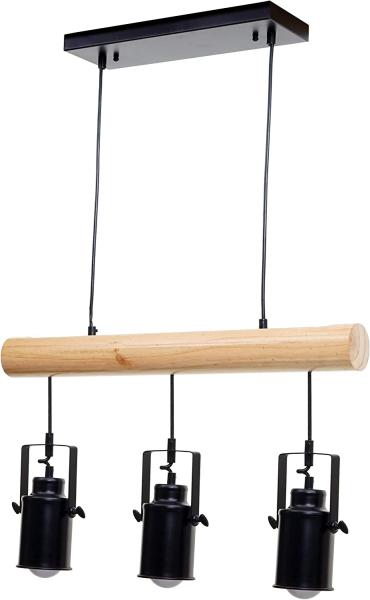 Pendelleuchte HWC-H83, Hängelampe Hängeleuchte, Industrial Vintage Massiv-Holz Metall schwarz ~ 3 Spotlampenschirme