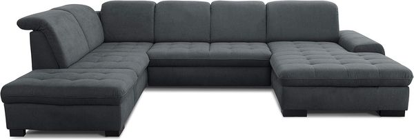 CAVADORE U-Form Lexi mit XXL-Longchair / Inkl. Bett, Stauraum und Kopfteilfunktion / Leichte Fleckenentfernung dank Soft Clean / 329x82-99x224 / Flachgewebe: Dunkelgrau