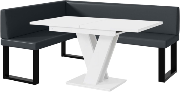 MEBLINI Eckbank für Esszimmer mit ausziehbarem Tisch - Küchenbank - Essecke - Sitzecke Küche - TONI - U-Beine 128x168x87cm Links - Dunkelgrau Kunstleder/M Weiß Matt