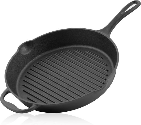 BBQ-Toro Bratpfanne Gusseisen preseasoned, Ø 34 cm, Mit Griff+Stiel und 2 Außgießern, Gusseisen