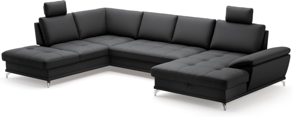 Cavadore Wohnlandschaft Castiel mit Federkern / Sofalandschaft mit großem Longchair, Sitztiefenverstellung, Kopfstützen und satinierten Metallfüßen / 363x89-104x223 / Echtleder, Schwarz