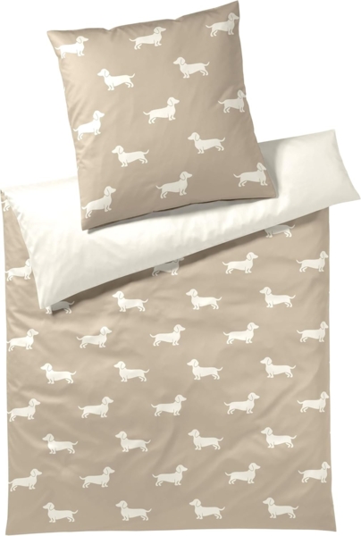 elegante Mako-Satin Bettwäsche Dogs natur beige|155x200 cm + 80x80 cm
