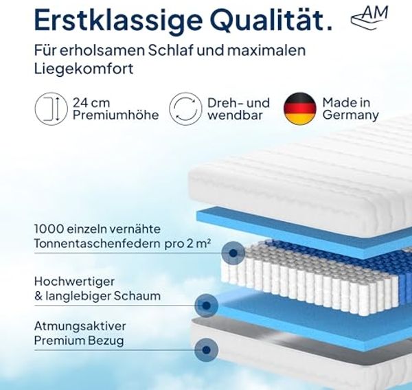 AM Qualitätsmatratzen Deluxe Taschenfederkernmatratze 130x200 cm H2 24cm - Made in Germany & Oeko TEX Siegel - Federkernmatratze 130x200 mit 1000 Federn & Lyocell Bezug - 7 Zonen Matratze 130x200 H2 Bild 3