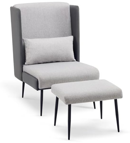M MCombo Ohrensessel mit Hocker, Polstersessel Relaxsessel für Wohnzimmer, Lesesessel Bequem, Loungesessel Modern, Stoff/Kunstleder 4707 (Grau)