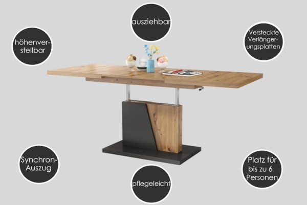 Mazzoni Couchtisch Grand Noir Weiß Hochglanz/Weiß höhenverstellbar ausziehbar 120-180, Funktionstisch, Wohnzimmertisch, Tisch, Esstisch, Sofatisch Bild 5